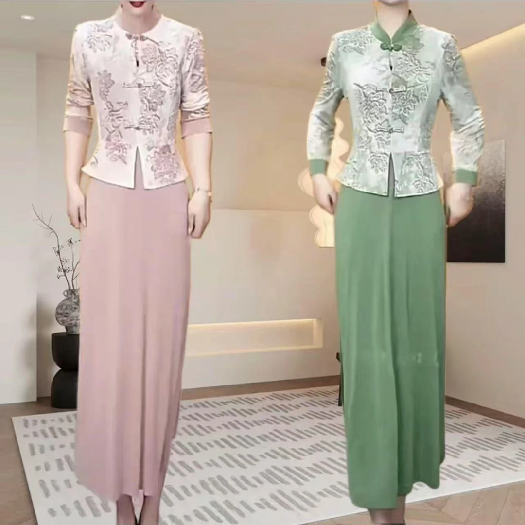 【吉遇优选】26-916#新款手工钉珠盘扣冰雪丝拼接假两件连衣裙