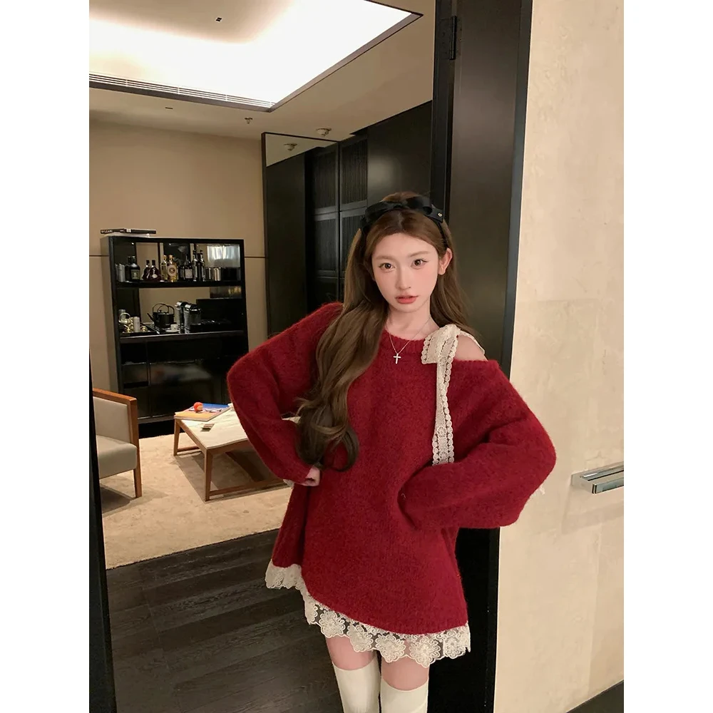 慵懒感新年软糯蕾丝下摆针织衫女春季蝴蝶结绑带宽松露肩上衣毛衣
