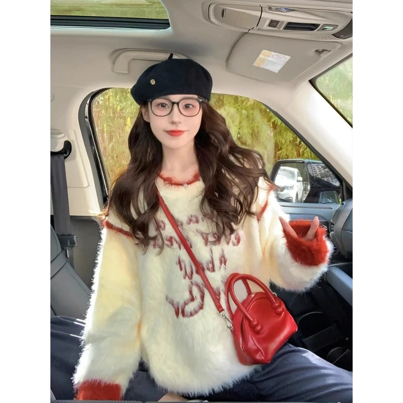 撞色仿貂绒毛毛衣女秋冬新款加厚美式字母慵懒风软糯复古针织衫