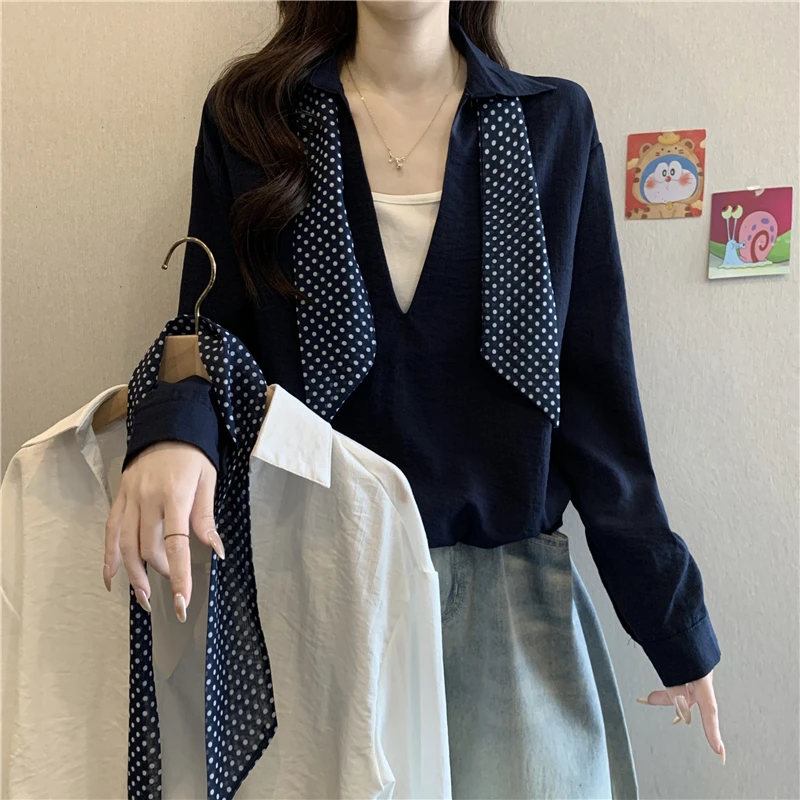 藏蓝色假两件丝巾长袖衬衫女2025新款早秋大码胖mm小衫高级感上衣