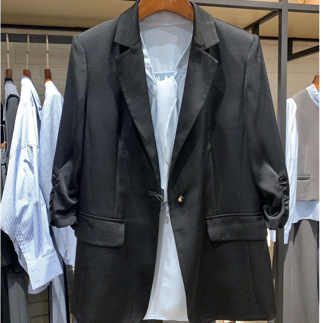 春夏新款时尚百搭一粒扣西装袖口抽褶设计纯色气质外套女