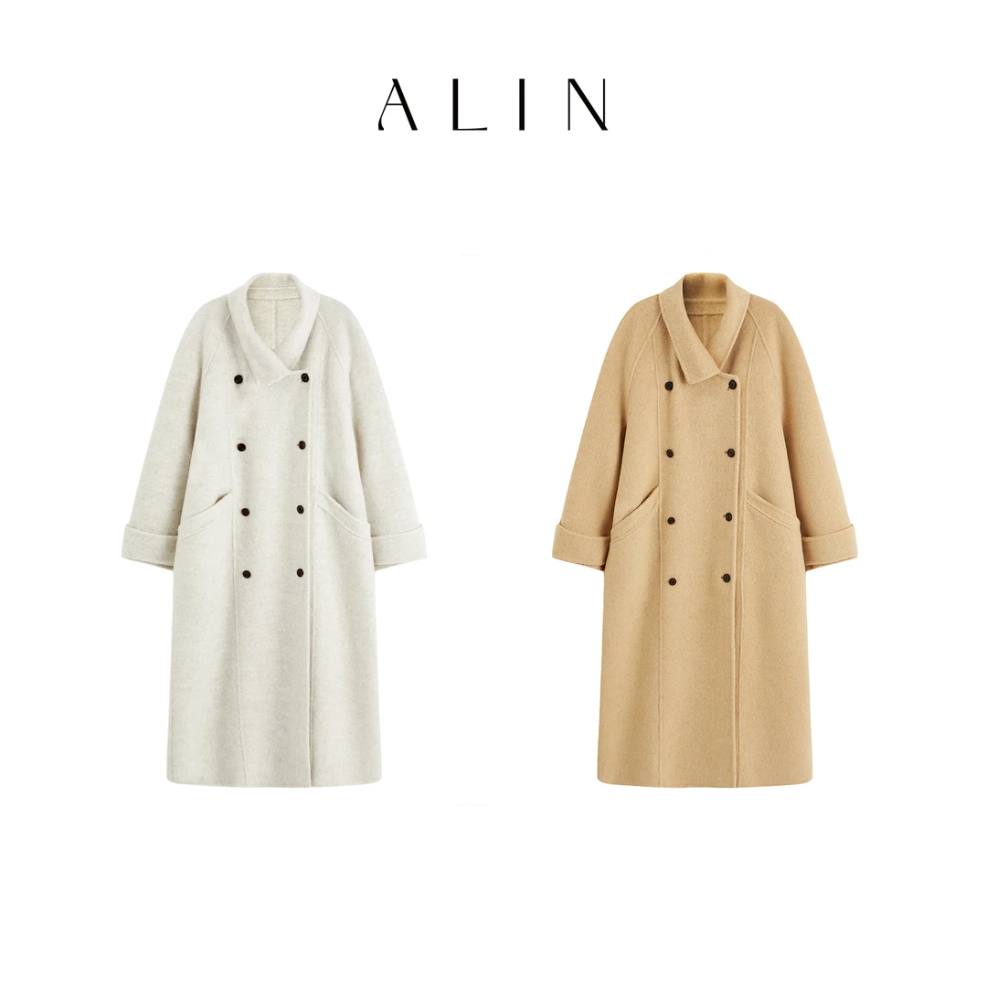 阿琳ALIN【云上蝶】冬季山羊绒绵羊毛莱赛尔混纺双面呢大衣外套女