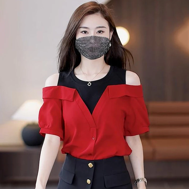 时尚洋气减龄假两件衬衫女2025年夏季新款设计感百搭显瘦露肩上衣