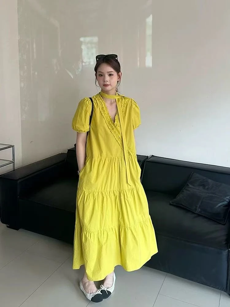 韩版泡泡袖拼接荷叶边配飘带宽松连衣裙过膝长裙