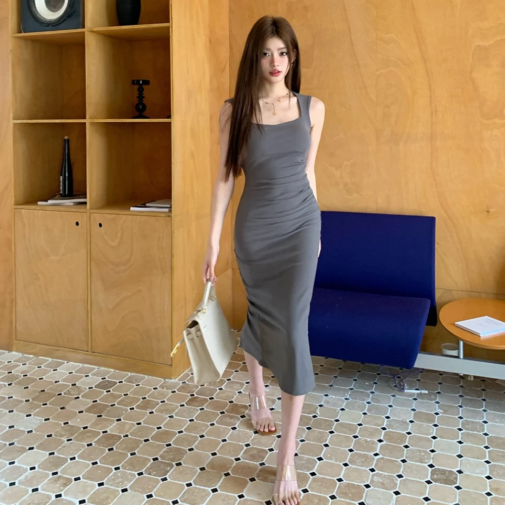 轻奢2025新款气质宽肩带遮副乳长裙显身材S腰线辣妹连衣裙网红款