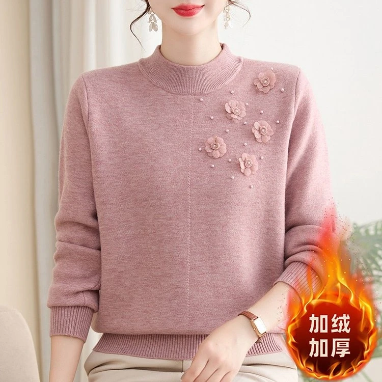 妈妈冬装加绒加厚半高领针织打底洋气气质中老年女士时尚保暖毛衣