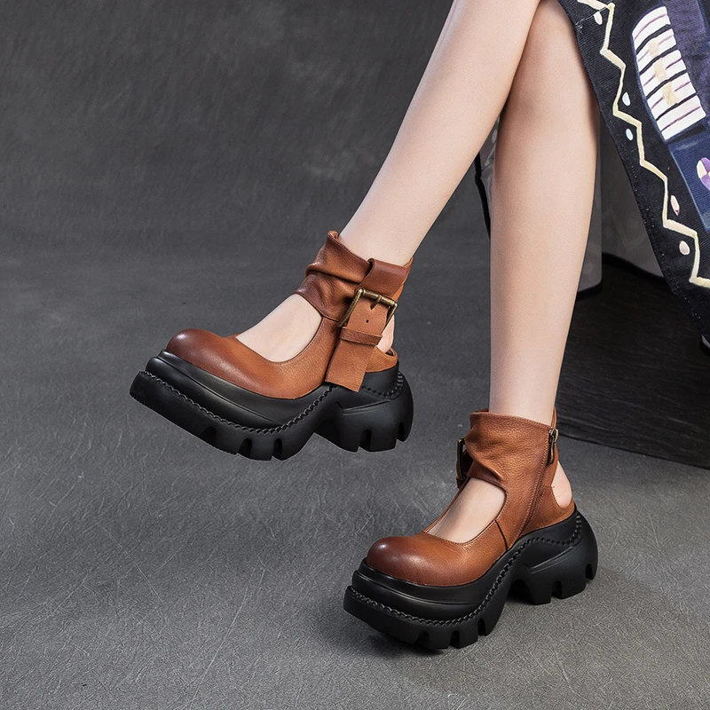 608-2秋季圆头靴凉靴休闲超高跟松糕底欧美系带防滑坡跟镂空夏季