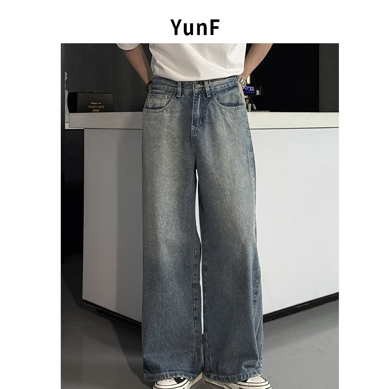 【YUNF】春款重磅个性立体拼接水洗直筒牛仔裤宽松复古阔腿裤017