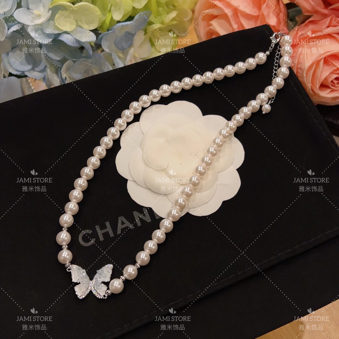 铜合金仿珍珠项链 【雅米】冰川蓝蝴蝶珠珠项链气质轻奢时尚温柔