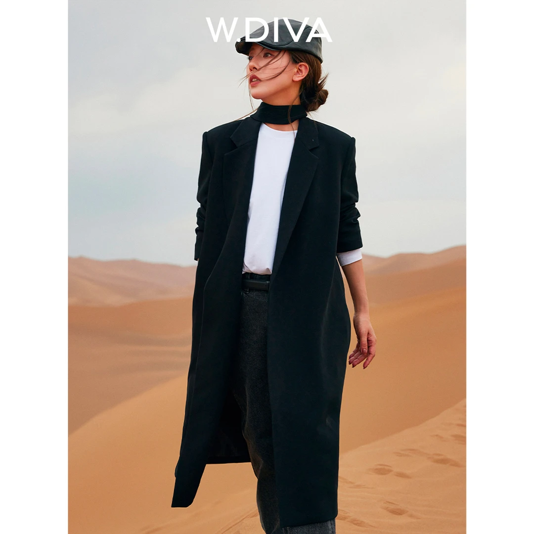 W.Diva【执简】黑麻感三醋酸ROW静奢风本布收腰长款外套女53C172410