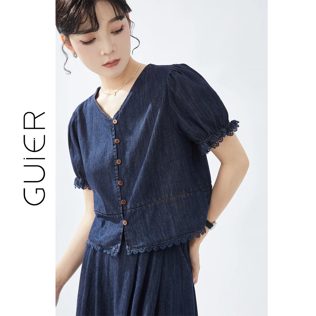 桂儿「赛络纺」经典酷感girl！牛仔短袖衬衫小个子复古宽松上衣G2776