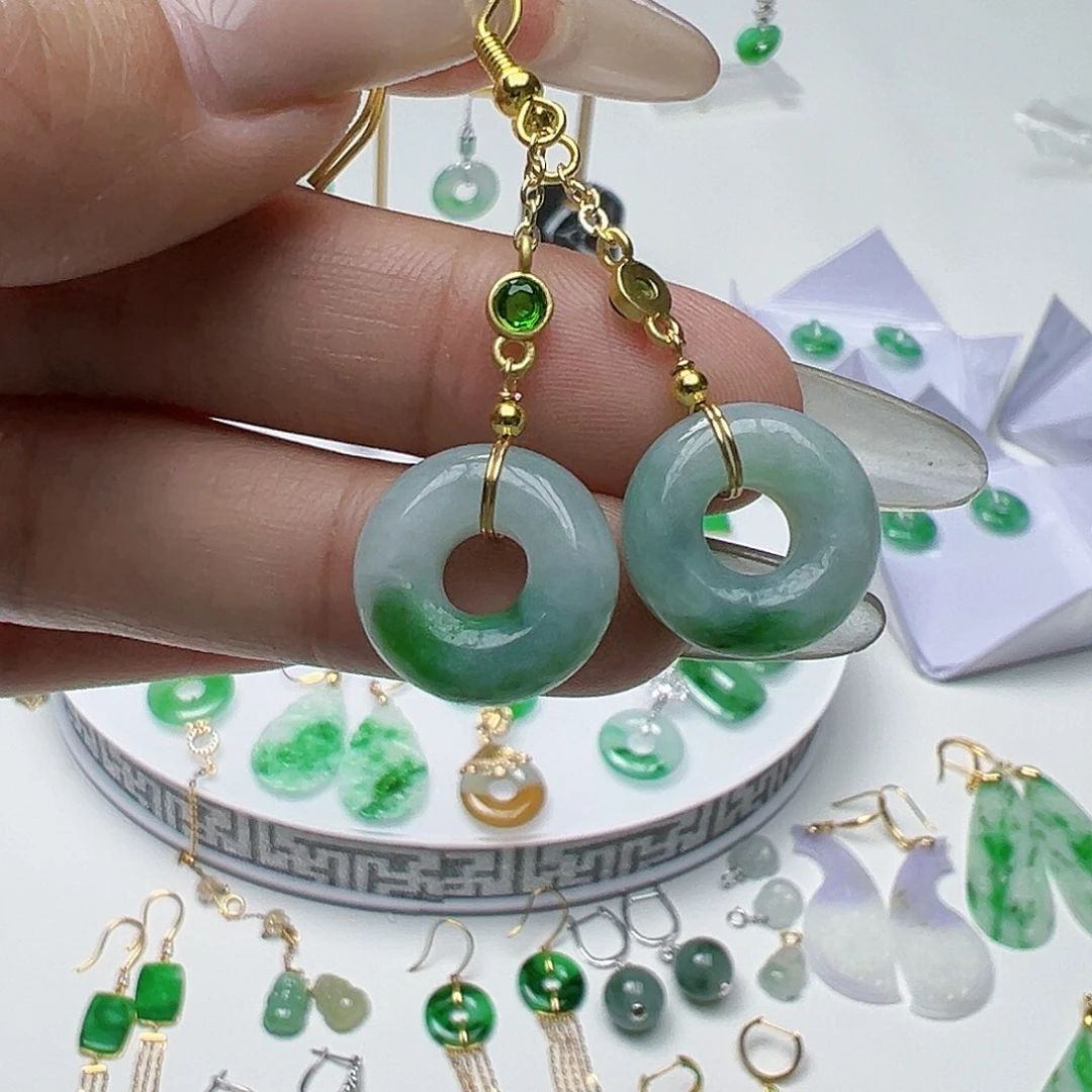 翡翠耳饰未镶嵌天然缅甸A货翡翠