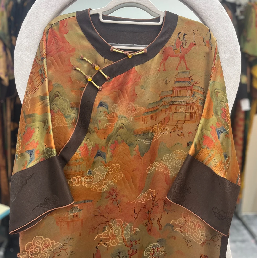 重磅香云纱袍子新中式中袖旗袍100%桑蚕丝传家宝裙子