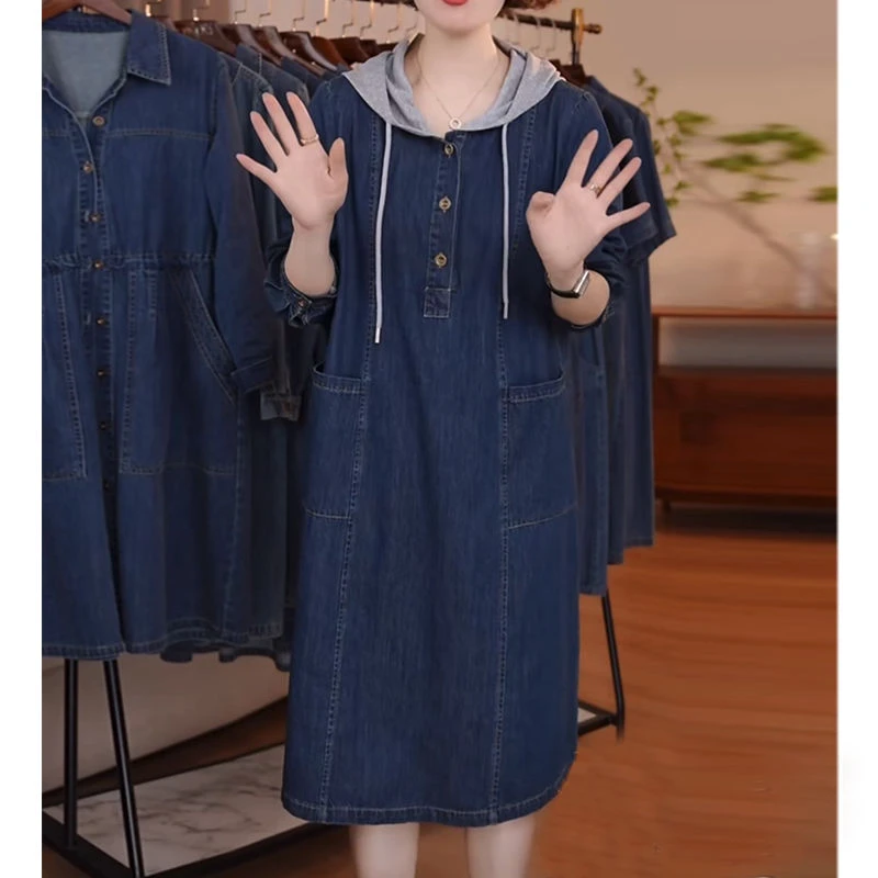 哥弟阿玛施正品尚连帽牛仔洋装2025春季新款宽松显瘦中长版中年妈
