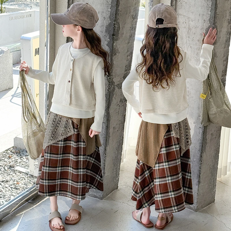 女童2025新款马甲打底衫套装儿童春秋韩版设计感拼接半身裙三件套