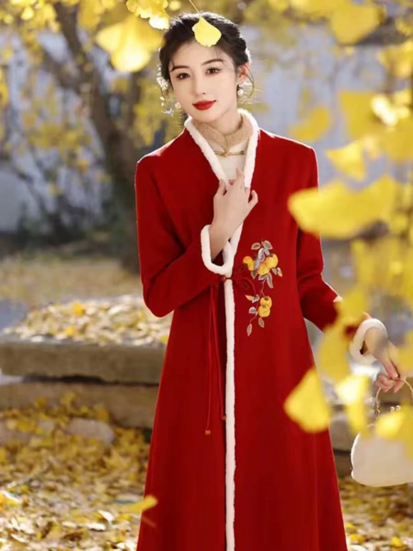 0060 【瑕疵】 红色 刺绣 小苹果 旗袍 外披