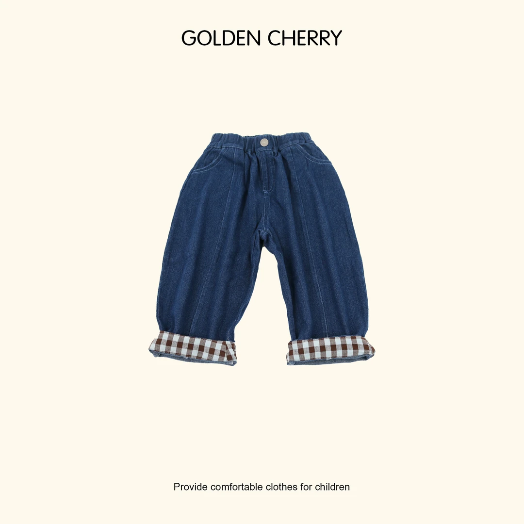5【Golden cherry】儿童深蓝色高腰一粒扣百搭格子卷边牛仔裤285060