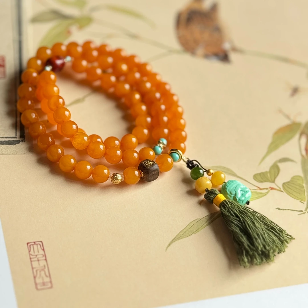 天然蜜蜡手串老蜡蜜糖红7mm+圆珠多圈女款时尚百搭国风精美轻奢