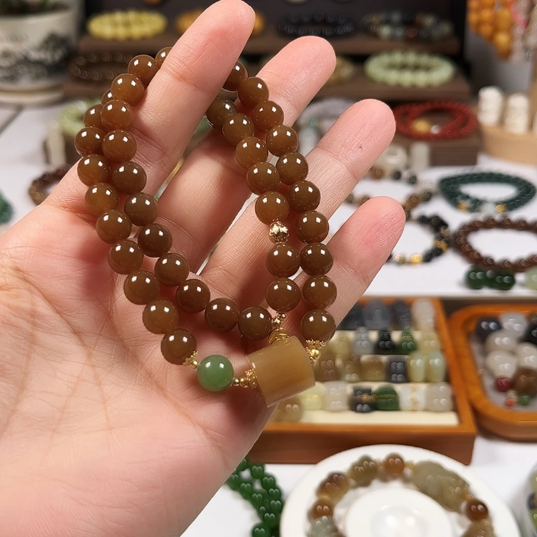 和田玉18K金镶嵌手链双圈08