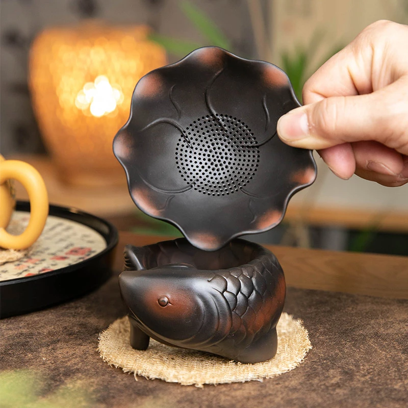 紫陶年年有鱼茶漏陶瓷过滤组茶宠摆件家用办公茶叶过滤网配件泡茶