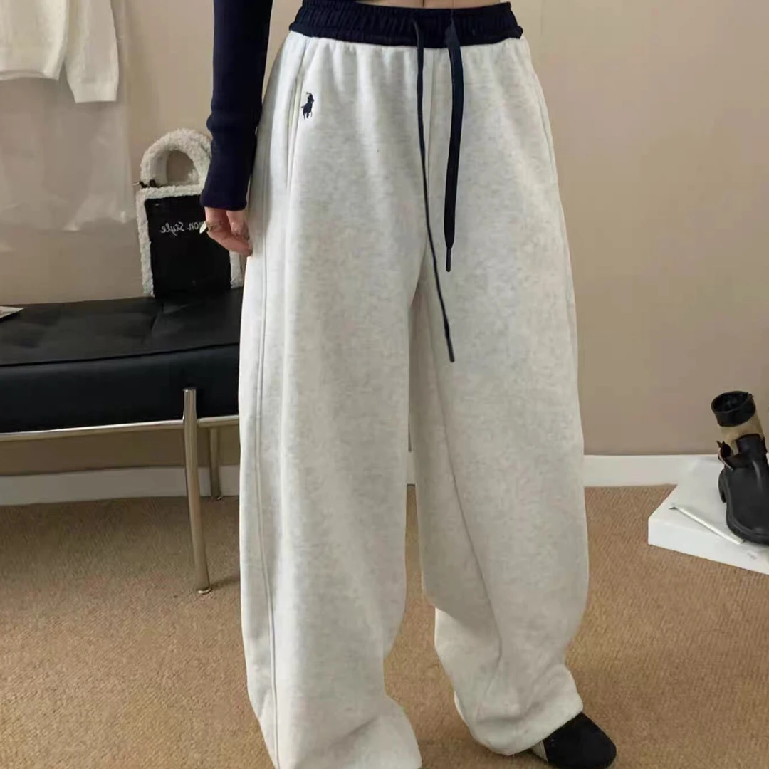 9006冬季韩系加绒加厚休闲运动卫裤女新款松紧抽绳宽松直筒阔腿裤