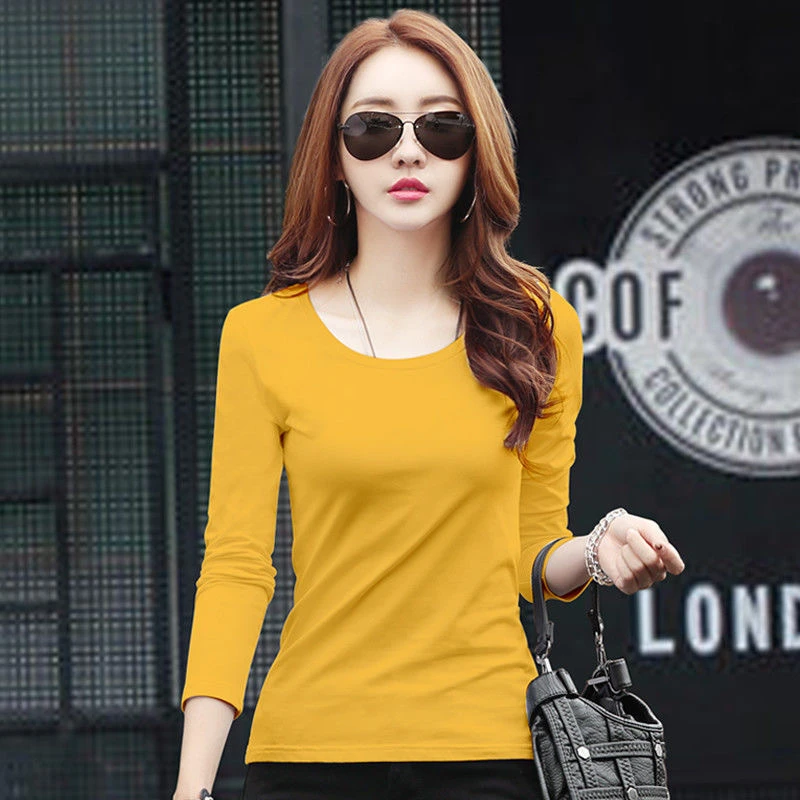 春秋圆领打底衫女2023新款纯色薄款长袖t恤修身百搭大码秋上衣女