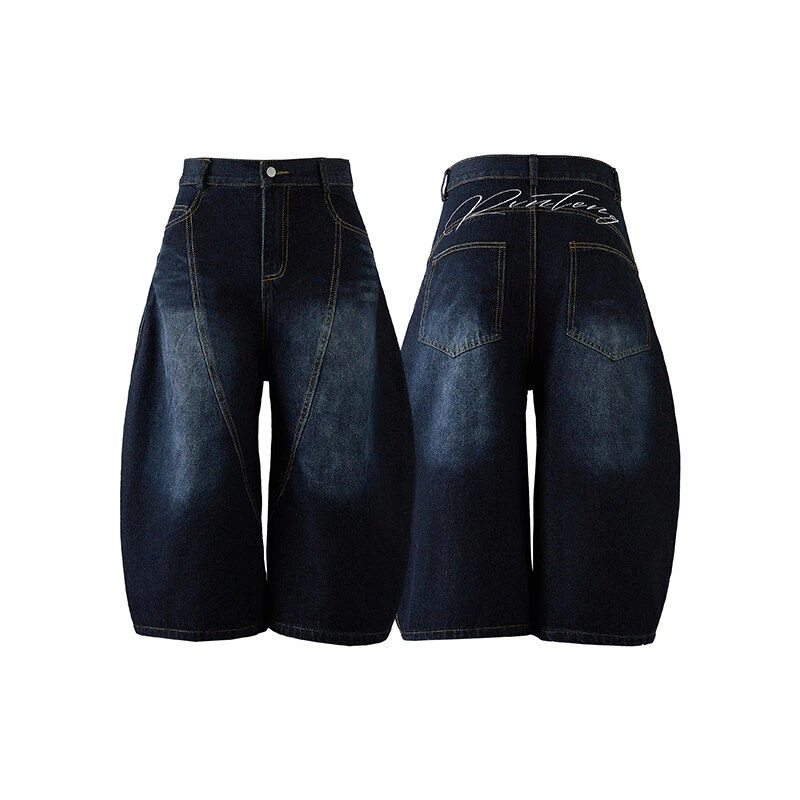 LIGGICC美式背后刺绣拼接弯刀裤牛仔裤男美式复古阔腿七分裤短裤