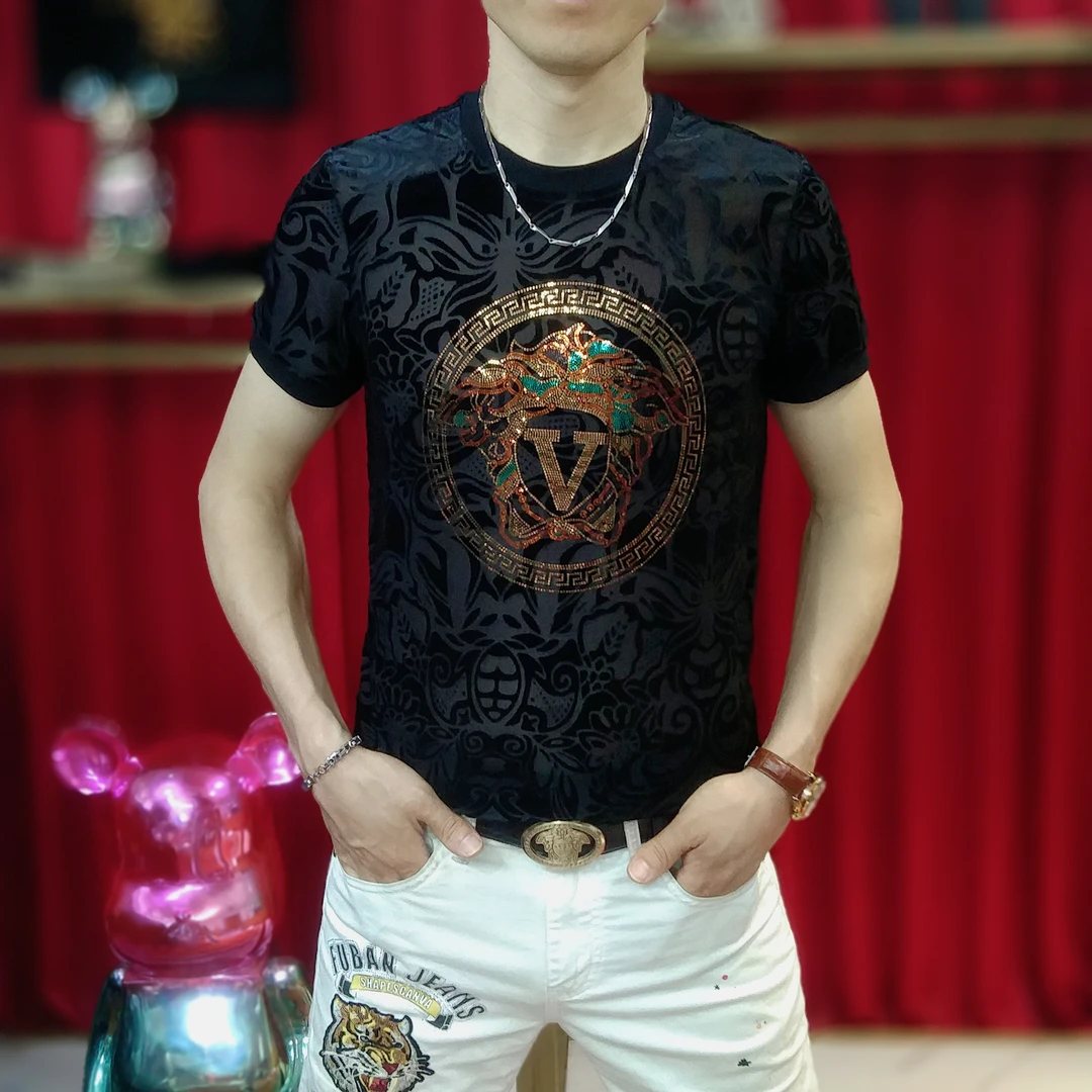 夏季潮流新款男士休闲时尚提花圆领T恤帅气修身百搭镂空冰丝短袖