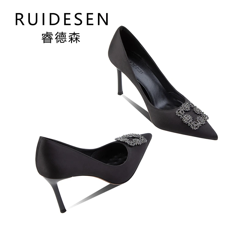 睿德森黑色时尚尖头高跟鞋春季百搭职业女细跟浅口单鞋法式气质女