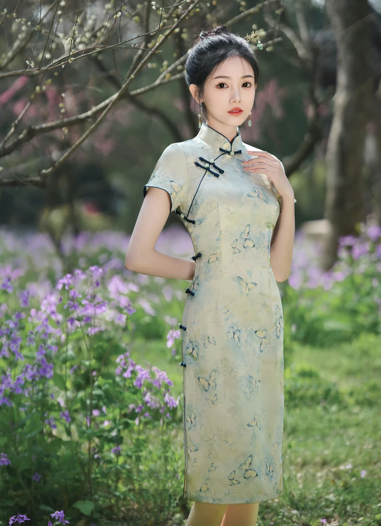 旗袍 中长款 单层 复古款（衣长约105cm）雨蝶 C589