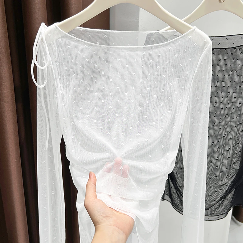 白色印花网纱罩衫女款新款长袖显瘦外搭气质韩系穿搭叠穿雪纺上衣