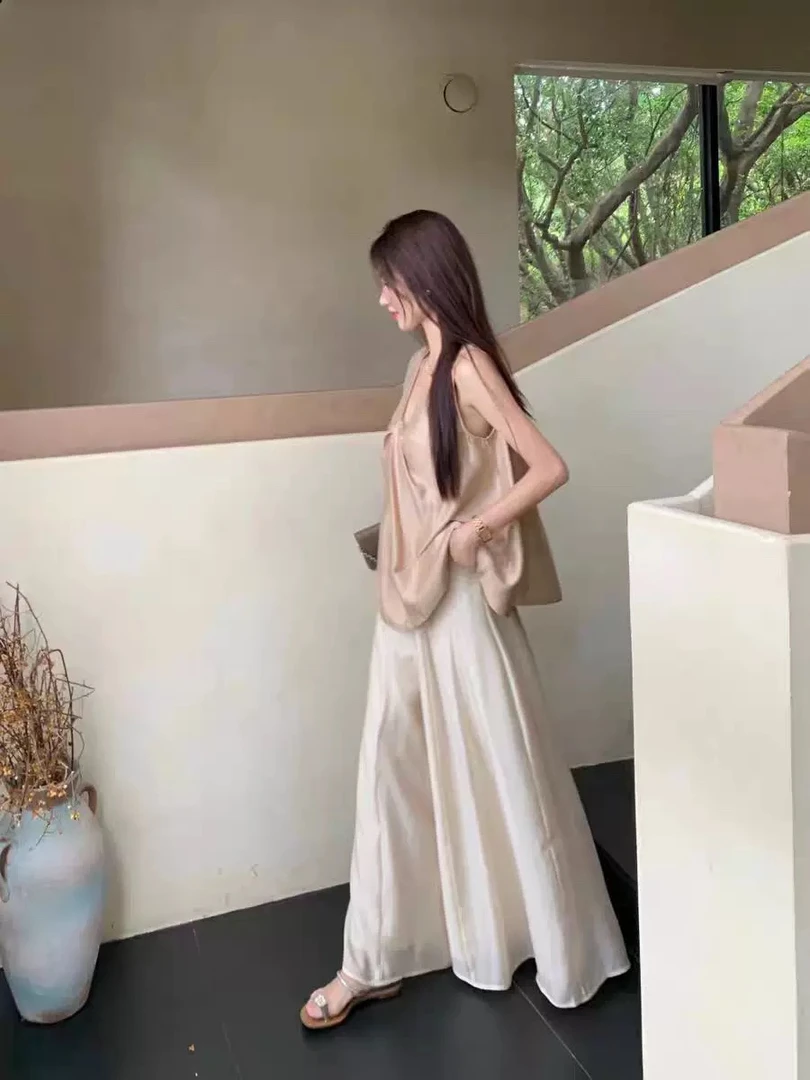 【张开心】松弛感～两面穿扭结无袖上衣+高腰显瘦垂感阔腿飘飘裙裤
