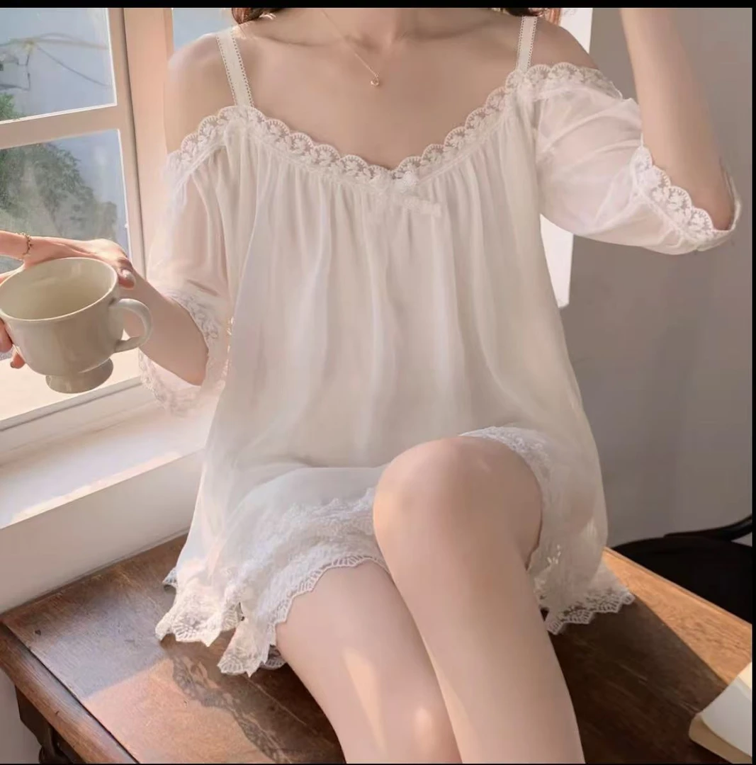 一字肩网纱睡衣套装夏季家居服薄款网红女士纯欲公主风秋季宫廷风