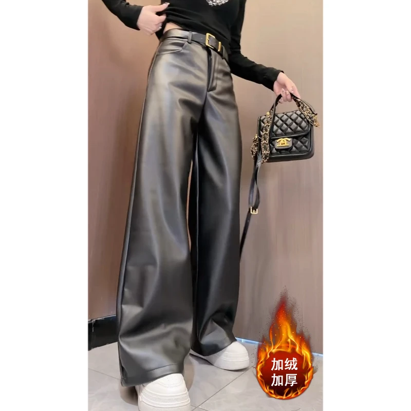 Aimeerosa/艾洛莎冬季加绒黑色高腰直筒皮裤女显瘦百搭休闲裤长裤