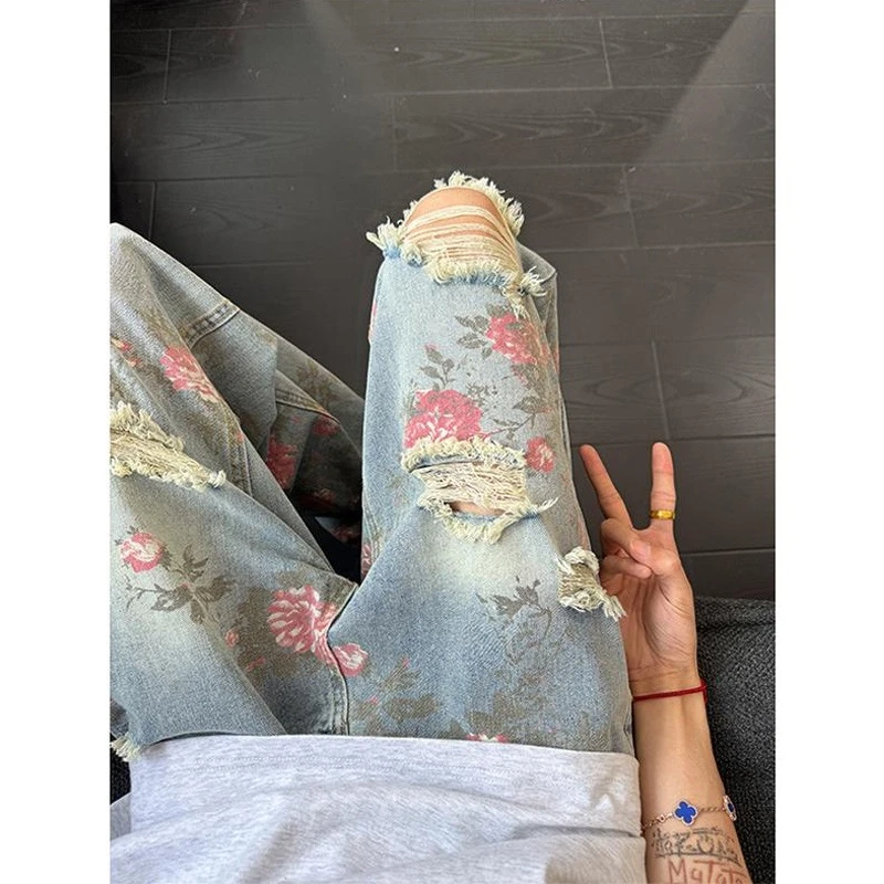 【奥莱折扣】新款男裤破洞宽松美式花卉美式夏季宽美式花卉破洞