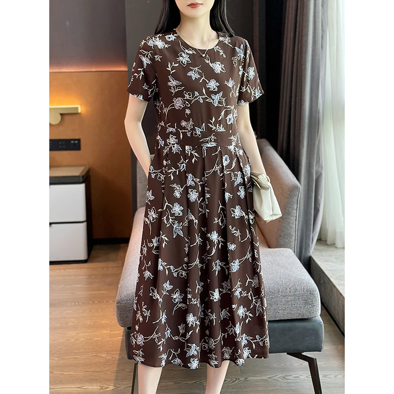左左家 大牌印花高阶品质~超大摆收褶6A桑蚕丝显瘦短袖真丝连衣裙