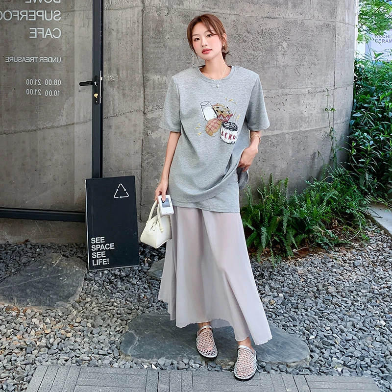 灰色印花T恤半身裙两件套女2025夏季新款时尚独特绝美慵懒风套装