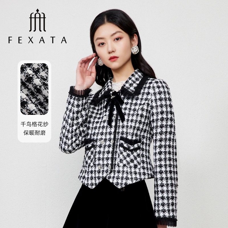 【诗语专属】FEXATA斐格思复古时尚小香风黑白千鸟格纹短外套女