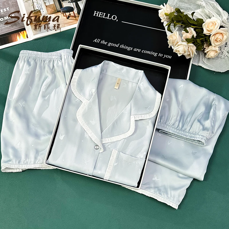 Sifuma/斯服玛《蝴蝶》夏季丝质短袖短裤三件套装睡衣家居服女