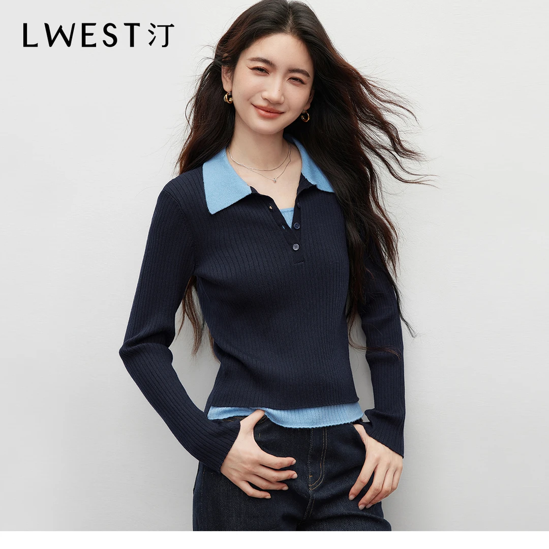 8545【女乔专享】朗文斯汀撞色翻领假两件拼接针织衫DTYZ5508D18545