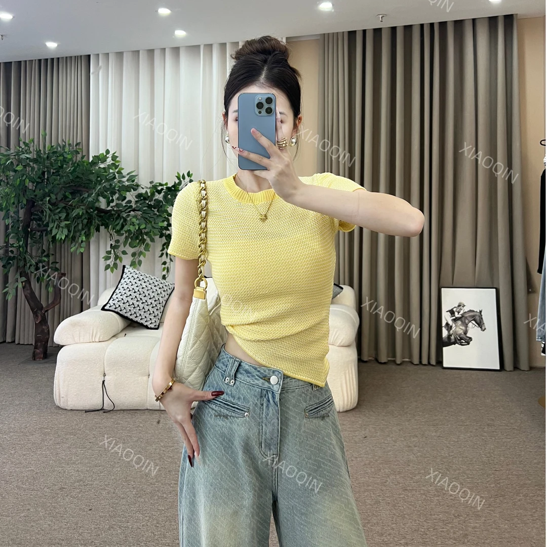 XIAOQIN【黄油日光】夏季纯欲设计小众修身显瘦针织短袖上衣251788