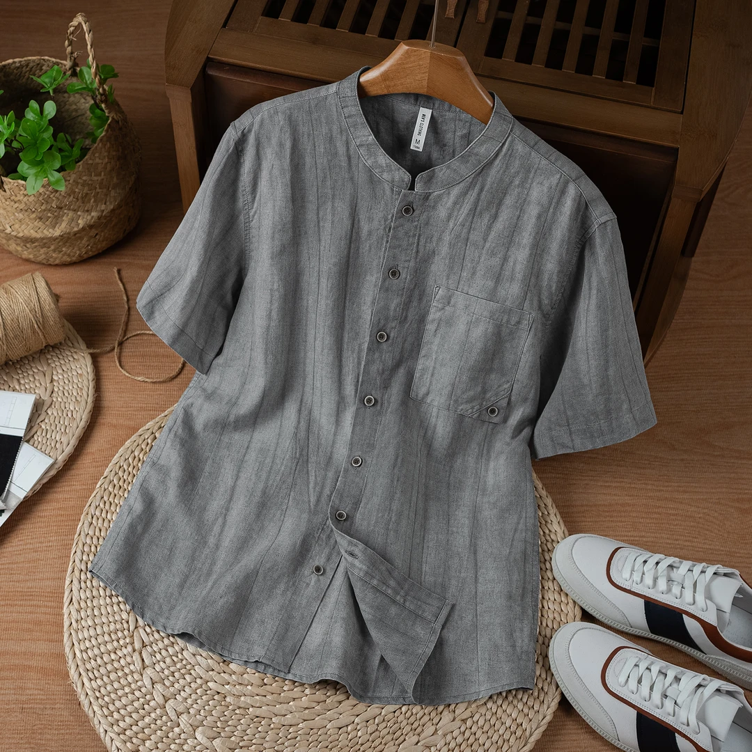 苎麻水洗衣服扎染复古衫国风短袖男宽松夏季复古立领开衫大码衬衫