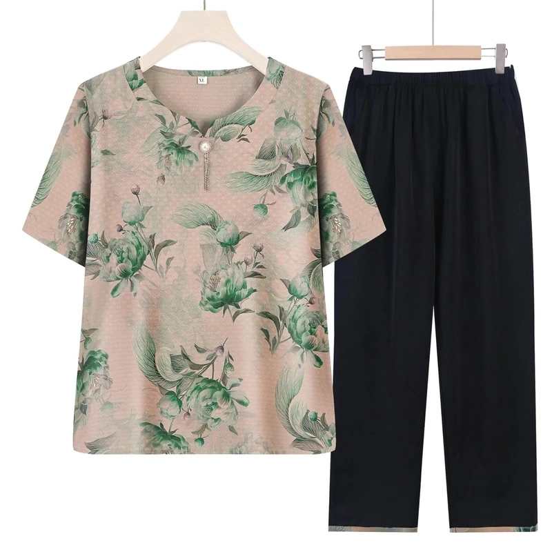 F289 妈妈装夏款短袖洋气套装中老年两件套奶奶气质宽松夏季套装