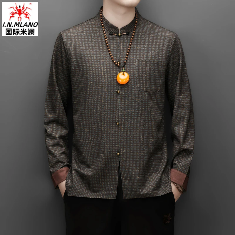 中国风春秋唐装长袖衬衫男中年立领薄款复古盘扣爸爸衬衣套装男装