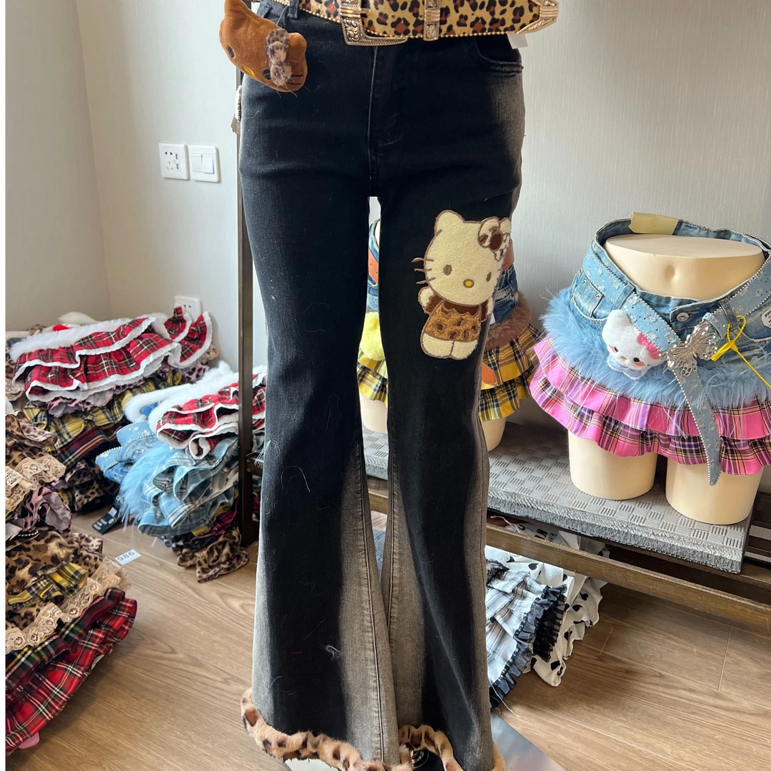 兰总y2k原创手作“黑皮kt长裤”全新牛仔改造，定制