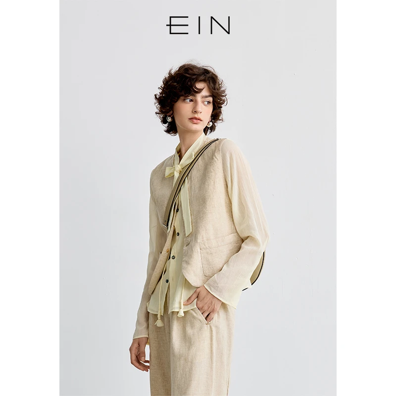 EIN/言【商场同款】文艺轻通勤气质撞料拼接短款马甲背心25早春款