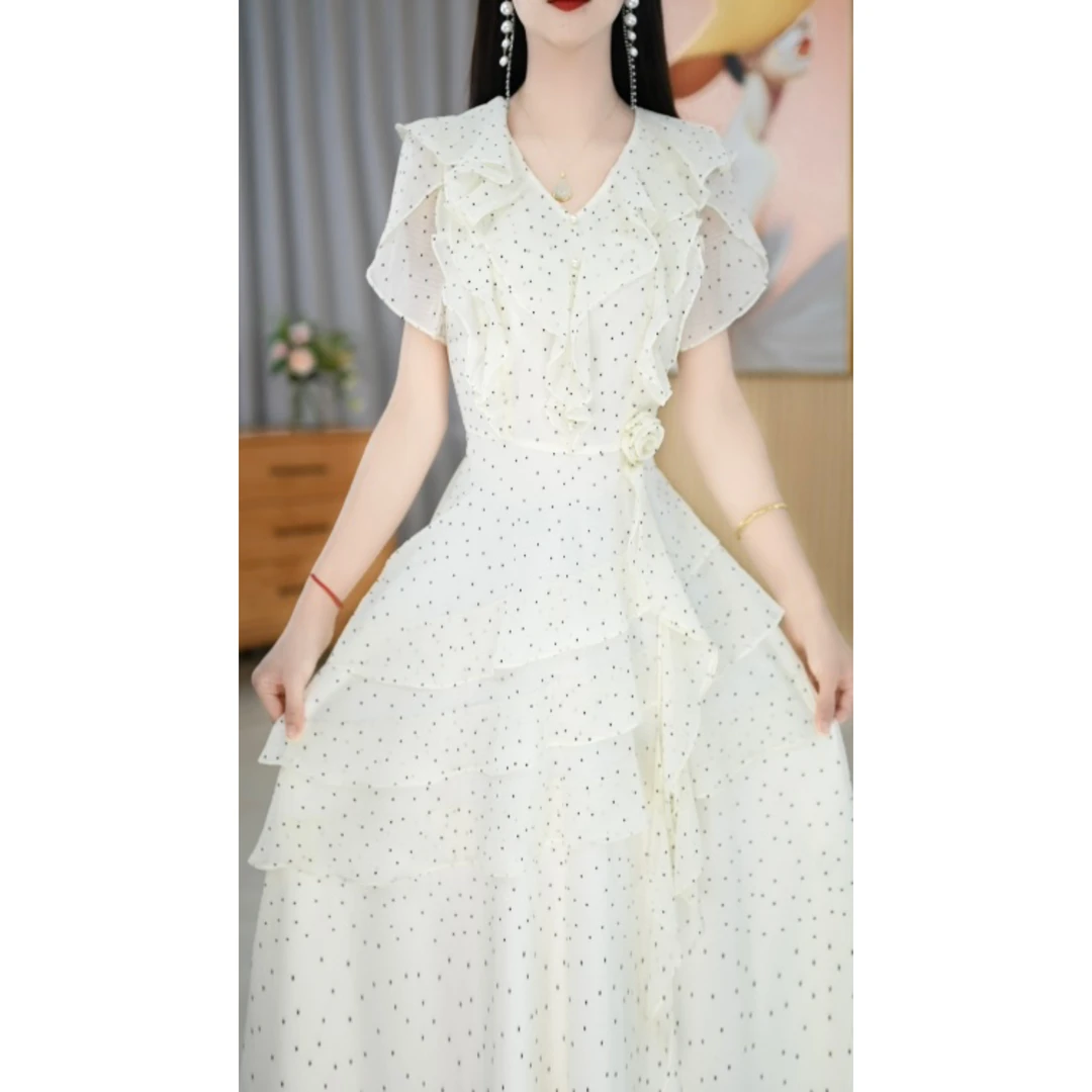 【连衣裙】夏季V领新款显瘦纯色圆点日常通勤连衣裙M-4XL