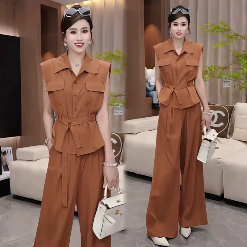 【退换包邮】款时尚套装女时髦设计感显瘦无袖衬衫高腰阔腿裤两件套