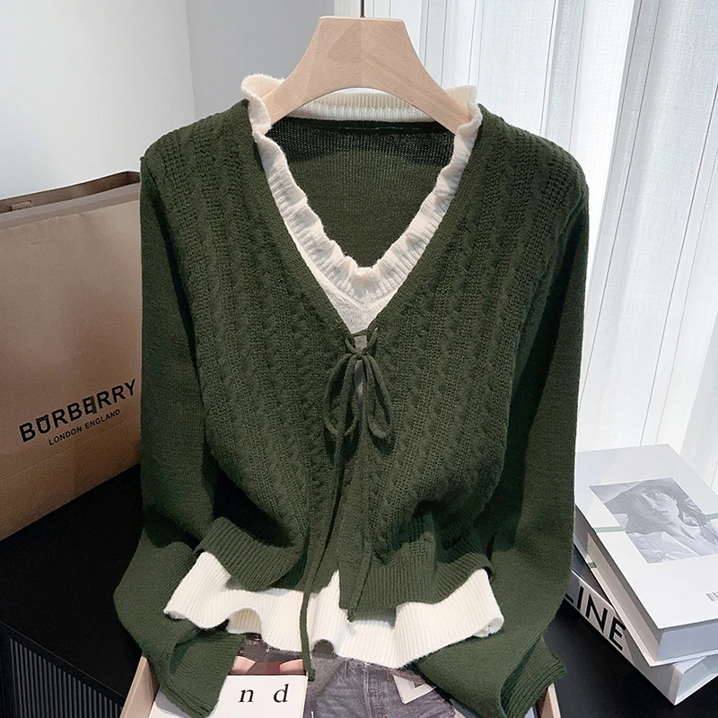 2026新款韩系时尚百搭v领假两件针织衫气质百搭显瘦长袖女装上衣
