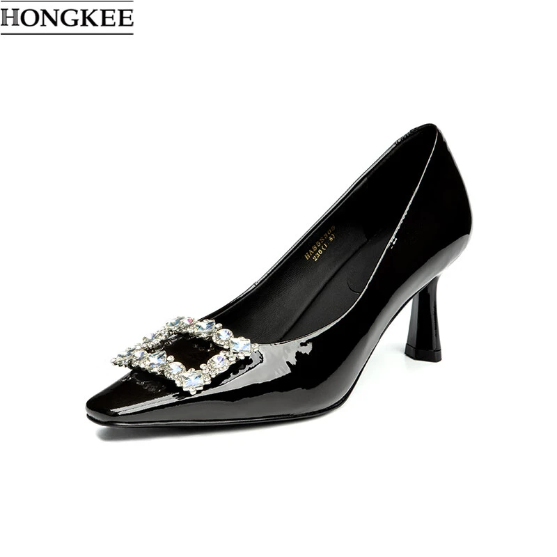 HONGKEE/红科女鞋25秋季时尚方扣漆皮细跟气质浅口高跟鞋HA85S305